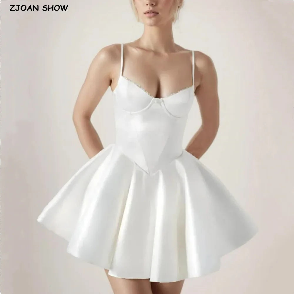 2025 Sexy White Wire Bra Corset Style Satin Sling Dress Women Slim Fit Low Waist Short Ball Gown Swing Dresses Femme Robe Red