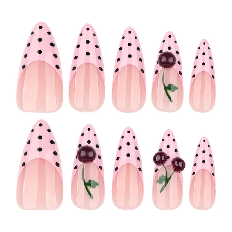 24PCS Pink French Press on Nails with Glue Black Polka Dots Sweet 3D Cherry Almond Fake Nails for Women Acrylic Simple Nail Tips