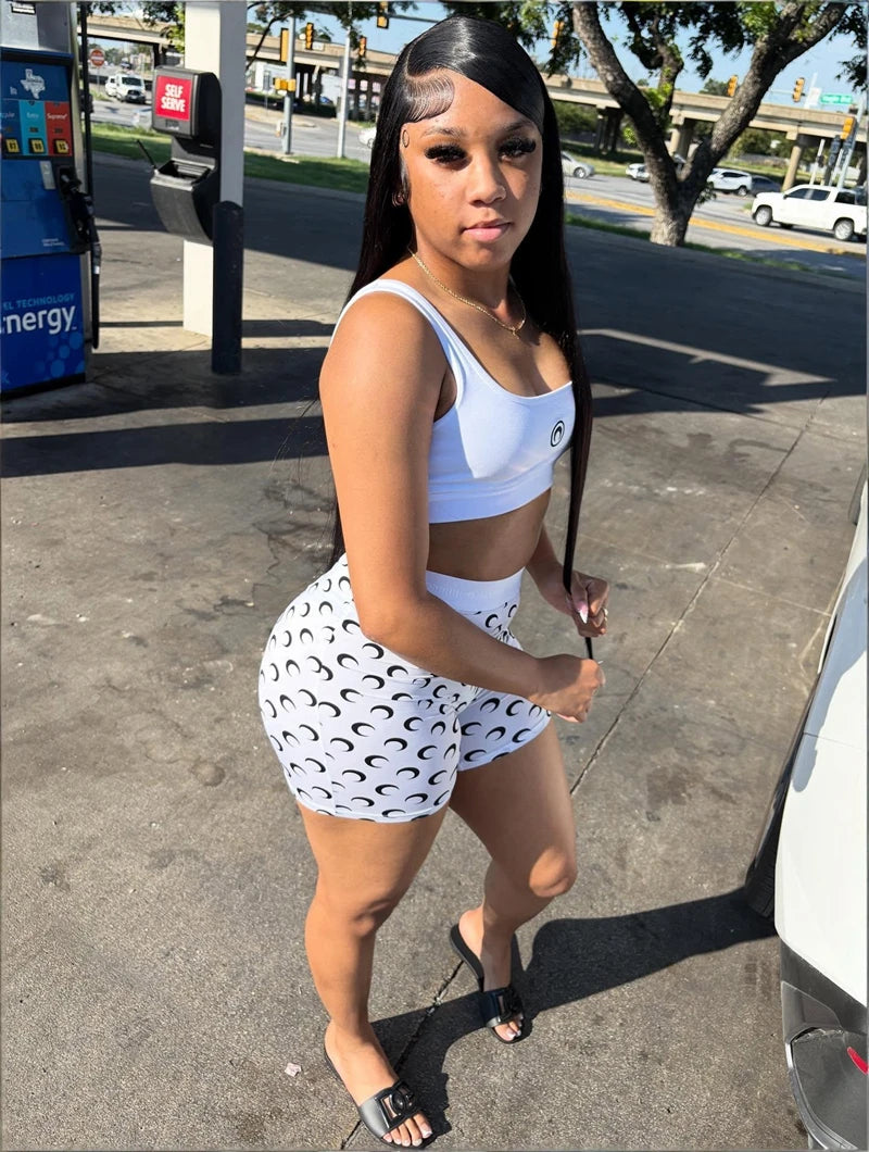 Crop Top 2 Piece Set Women Sleeveless Top & Shorts Summer Moon Printed Sports Club Party Streetwear Outfit