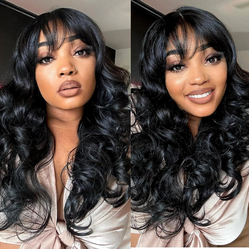 Wear Go Glueless Loose Body Wave Human Hair Wig With Bangs Full Machine Made With Bangs Brazilian Body Wave Wig Cheap On Sale