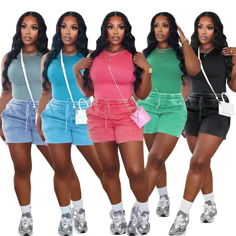 Active Wear Casual Shorts Sets Woman 2 Piece Set Outfit Summer Clothes Sleeveless Tank Top and Shorts Fitness Workout Sport Suit