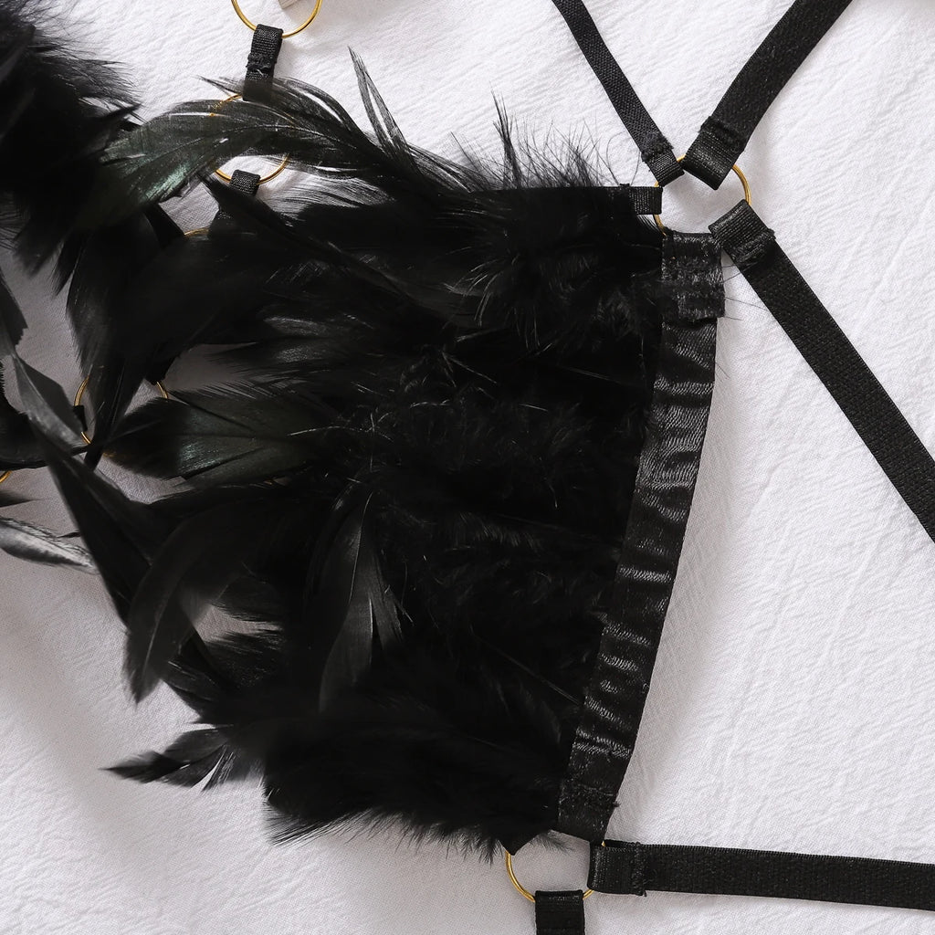 AVELINE 2025 Fashion Sexy Lace Harness Temptation Lingerie Splicing Feather three-point one-piece Skeleton Erotic Clothing