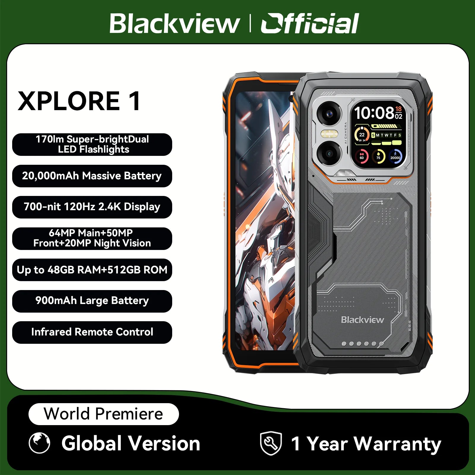 Blackview XPLORE 1 Outdoor Mobile Phone, 5G Waterproof Rugged Smartphone Android 15, 6.78'' 2.4K Display, 16GB+512GB, 20000mAh