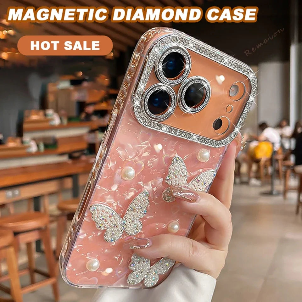 Diamond Bling Glitter Phone Case For iPhone 17 Air 11 12 13 16 Pro Max 15 14 16 Plus 17Pro Max Cute Butterfly Protector Cover