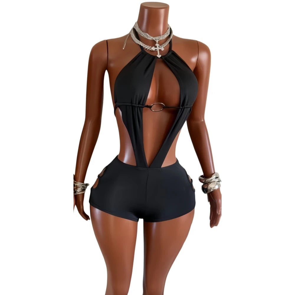 HLJ Sexy Deep V Neck Bodycon Romper for Women Black Halter Sleeveless Backless Shorts Jumpsuit Female Club Party Streetwear New