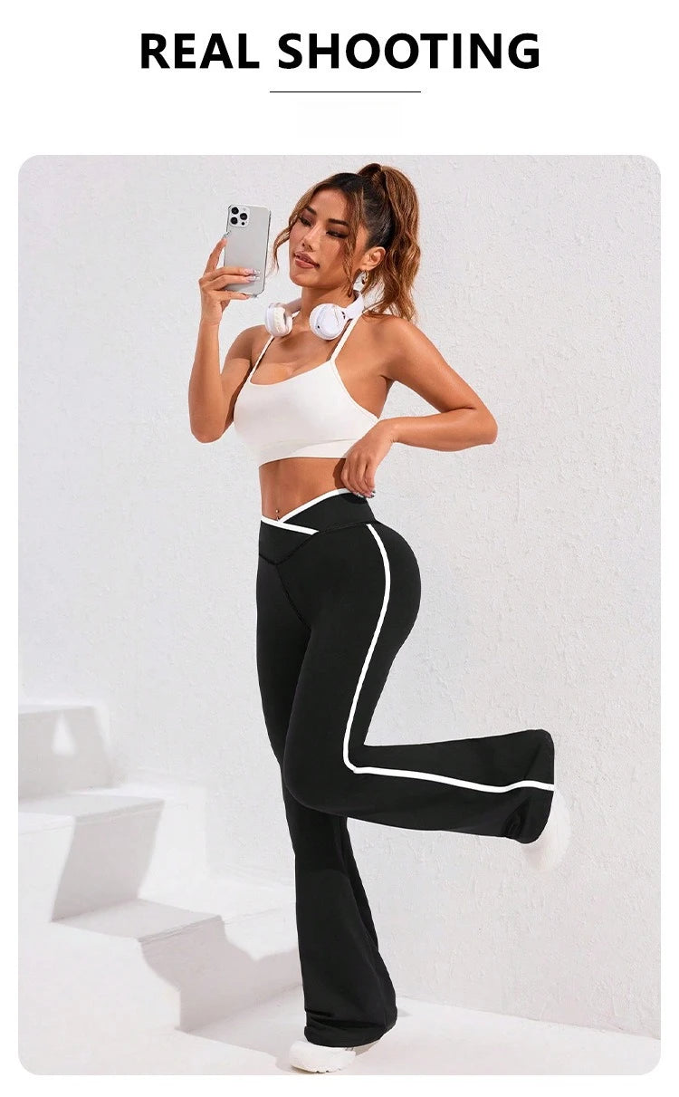 Side Stripe Flared Yoga Pants Women Cross Waist High Rise Butt Lifting Wide Leg Outdoor Slim Fit  Wicking Sportswear