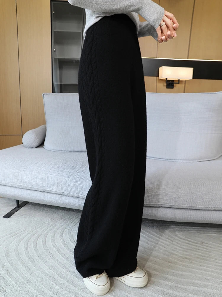 100% Merino Wool Wide Leg Pants Women's Elastic Waist Twist Flower Jacquard Trousers Autumn Winter Soft Solid Knitted Wool Pants