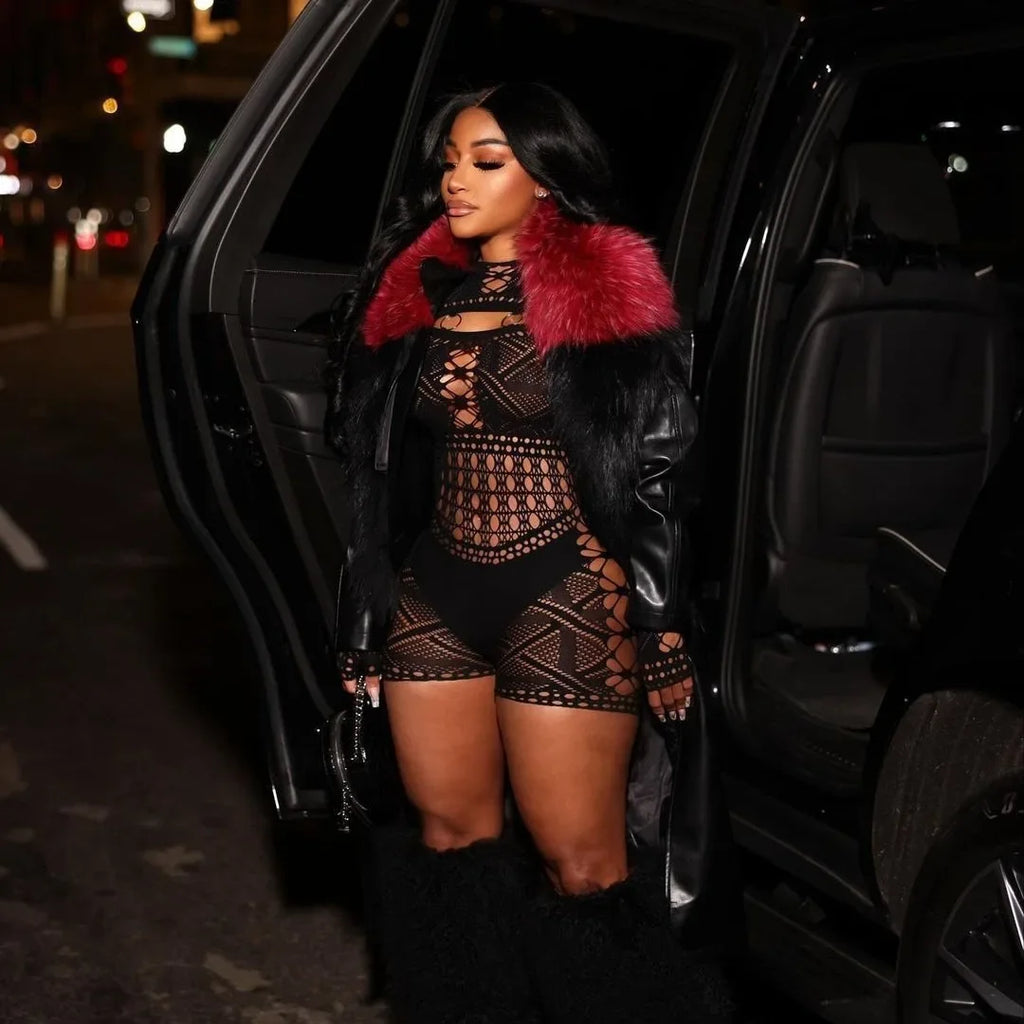 Women's Sexy Long Sleeve Jumpsuit See Through Outfit Sheer Mesh Hollow Out Night Club Short Romper