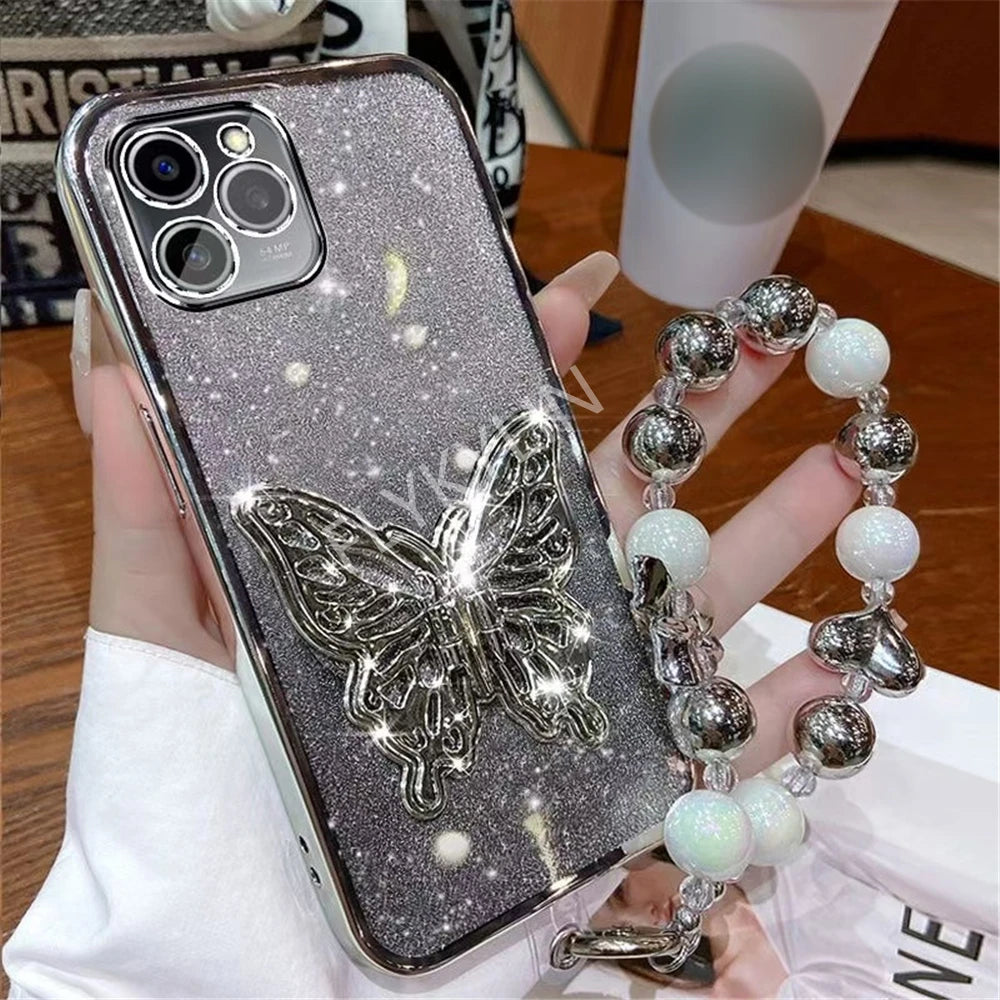 3D Butterfly Phone Holder Bead Bracelet Glitter Plating Case For iPhone 16 15 13 12 11 14 Pro Max XS Max XR 7 8 Plus Stand Cover