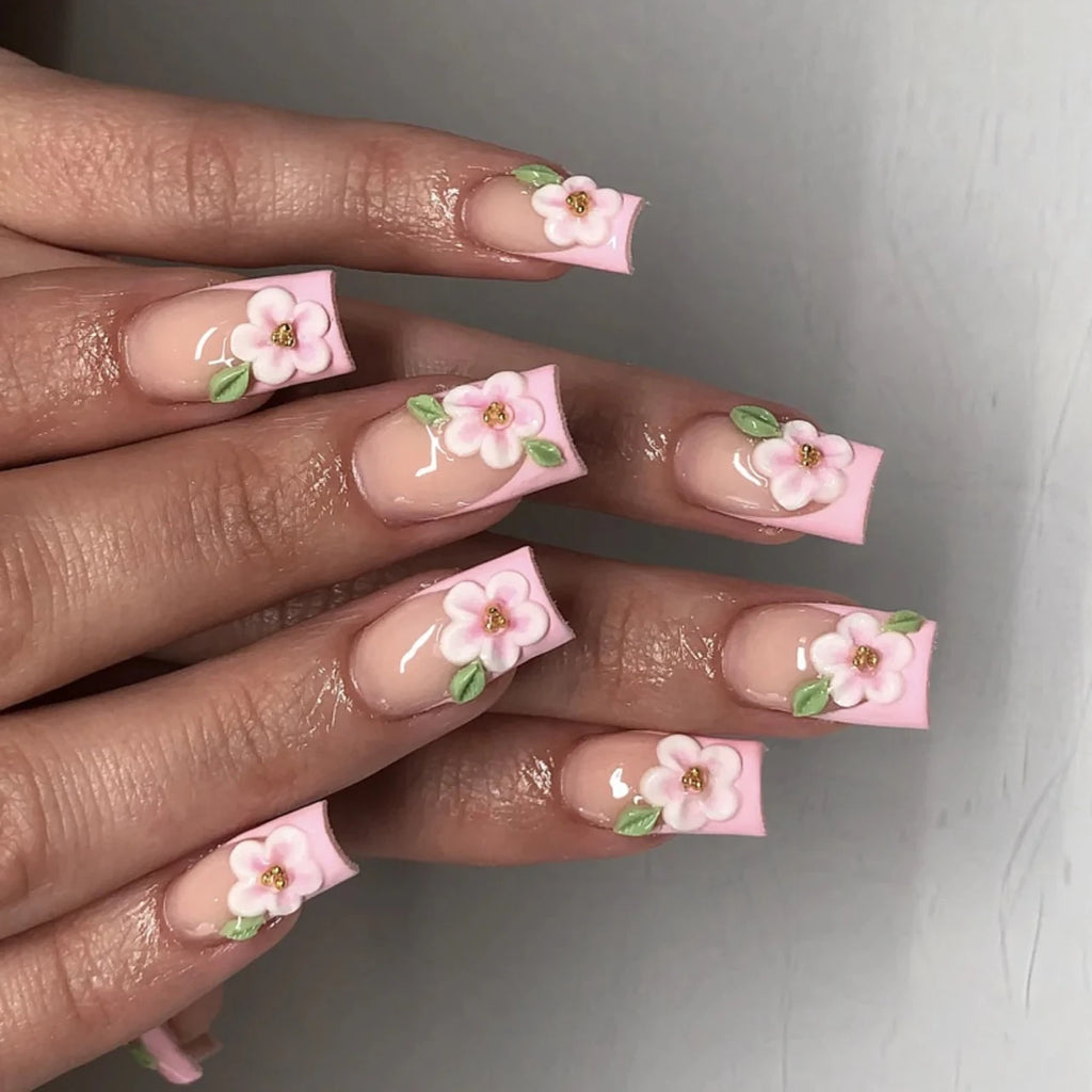 24Pcs Medium Coffin Square Fake Nail with Pink Flower Designs Wearable French Fashion False Nails Ballet Finished Stick on Nails