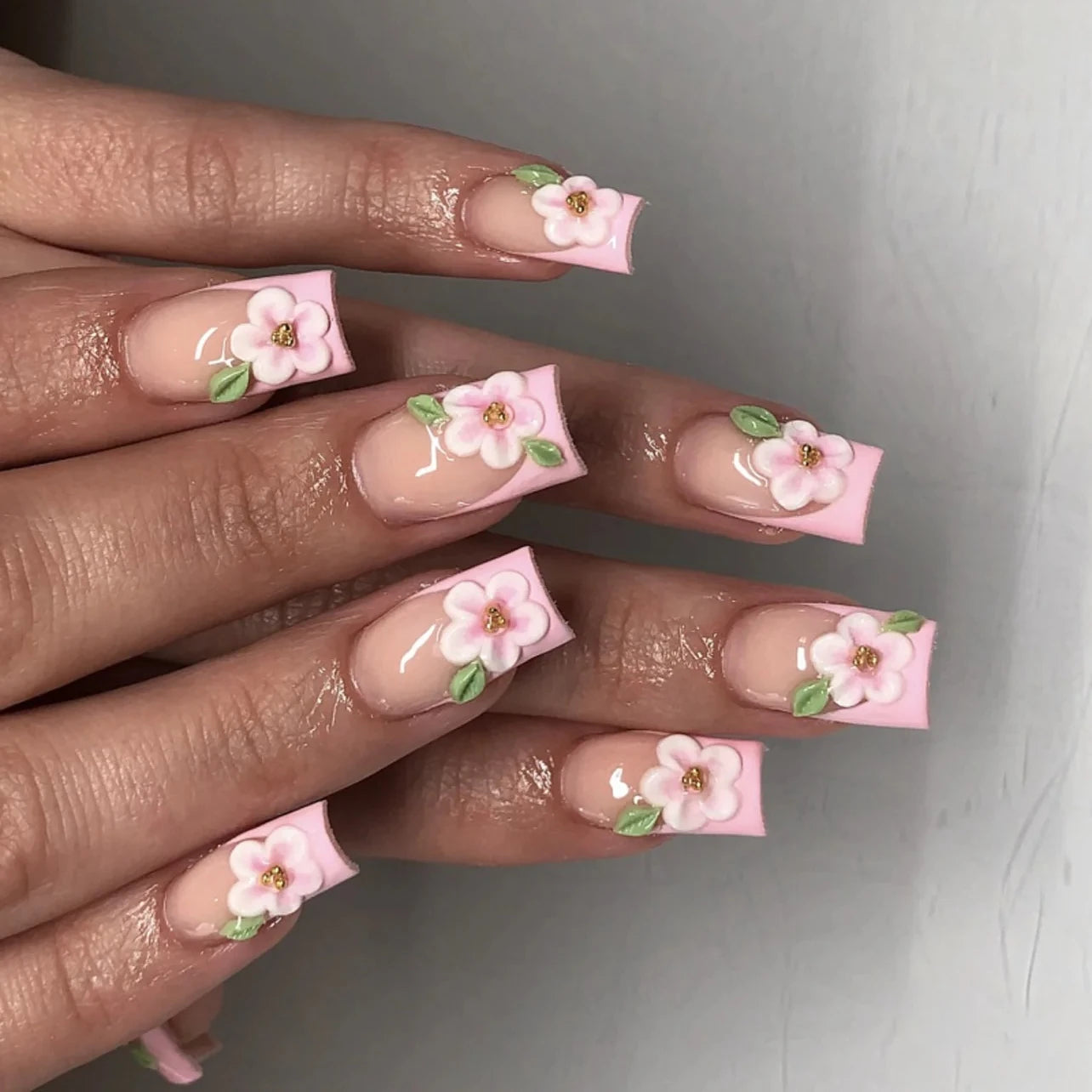 24Pcs Medium Coffin Square Fake Nail with Pink Flower Designs Wearable French Fashion False Nails Ballet Finished Stick on Nails