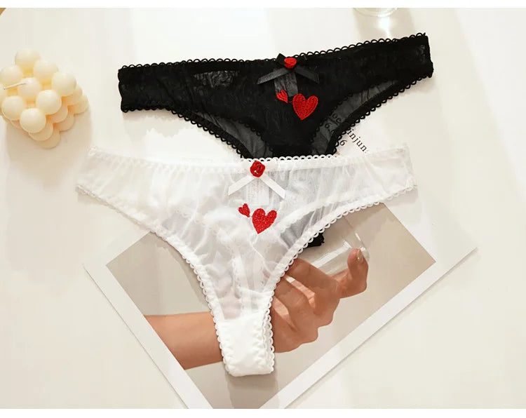 Meet'r Women Sexy Lace Lingerie Temptation Low-waist Panties Heart Ins Embroidery Transparent Thong Seamless Sweet Underwear