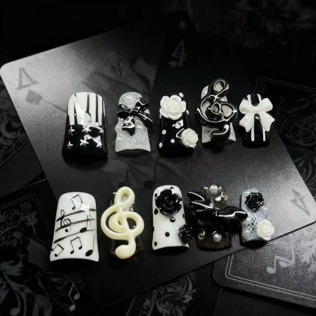 10pcs Handmade Gothic Press on Nails Punk Dark 3D Musical Note Design False Nails Fashion Duckbilled French Fake Nail Tips