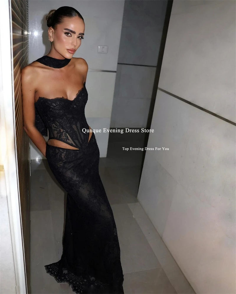 Qunque Black Customized Mermaid Evening Dresses Off The Shoulder Prom Dress Sleeveless Lace Cape Formal Evening Party Dresses