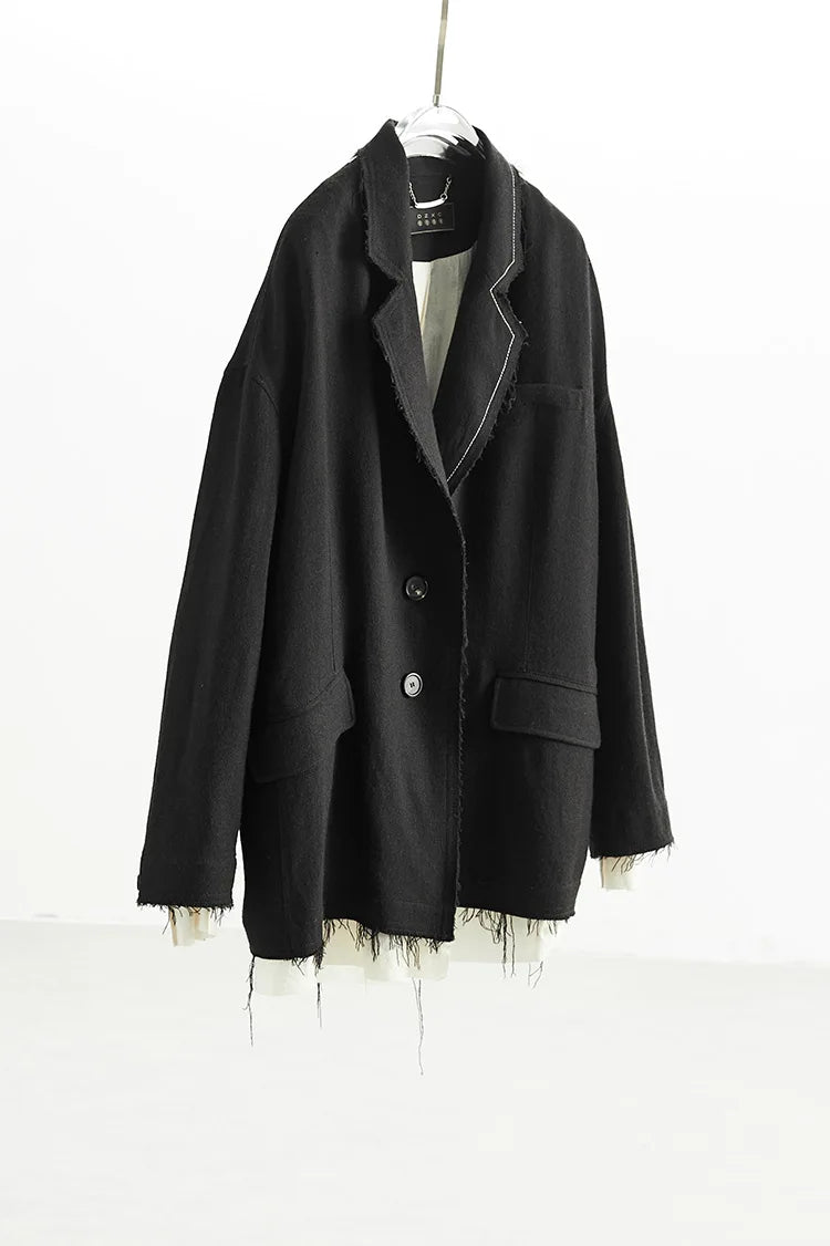 Custom Fabric Designer Style~Mysterious Black Blazer, Faux Two-Piece Fringed Oversized Jacket, Women's Casual Loose Top, New Spring 2026 Collection