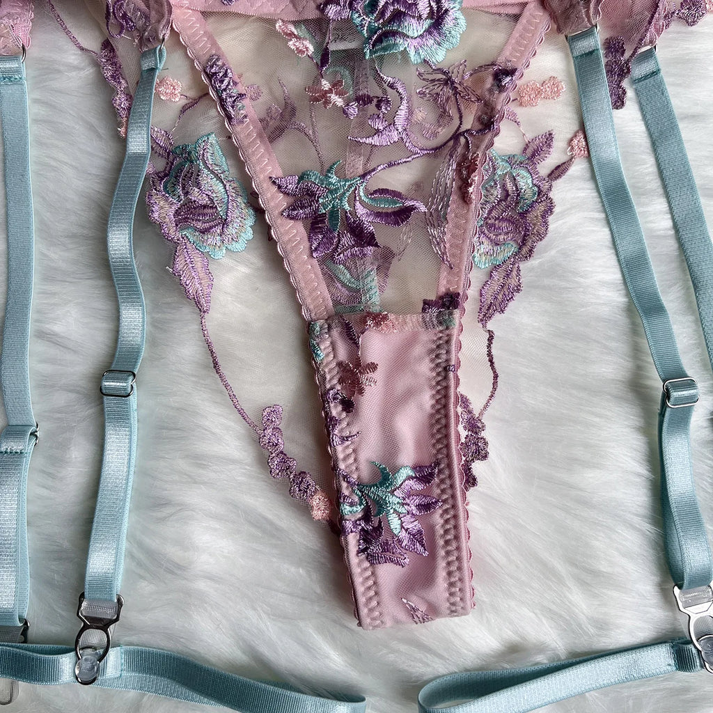 Diccvicc Embroidery Floral Lingerie See Through Sexy Lace Women Underwear Bra Thong Set Fancy Garter Intimate Kit Exotic Outfit