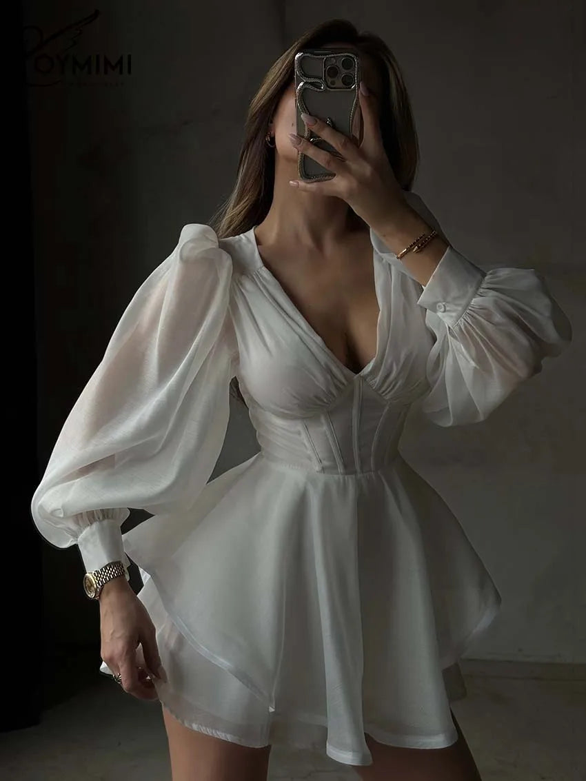 Oymimi Women's White Mini Dress 2026 Spring Deep V-Neck Puff Sleeve Corset Tiered Ruffle Sheer Casual Party Fashion Trendy Wear