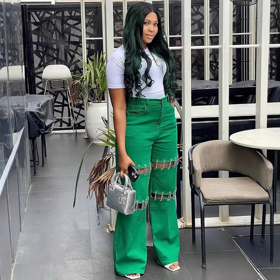 High Waist Green Ripped Chain Decoration Patchwork Wide Leg Denim Pants Women Fashion Casual Personality Trendy Long Trousers