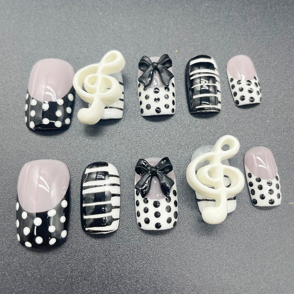2025 Popular Piano Note Press On Nails Short Square Polka Dots Black White Design High Quality False Nails Wholesale Party Gift