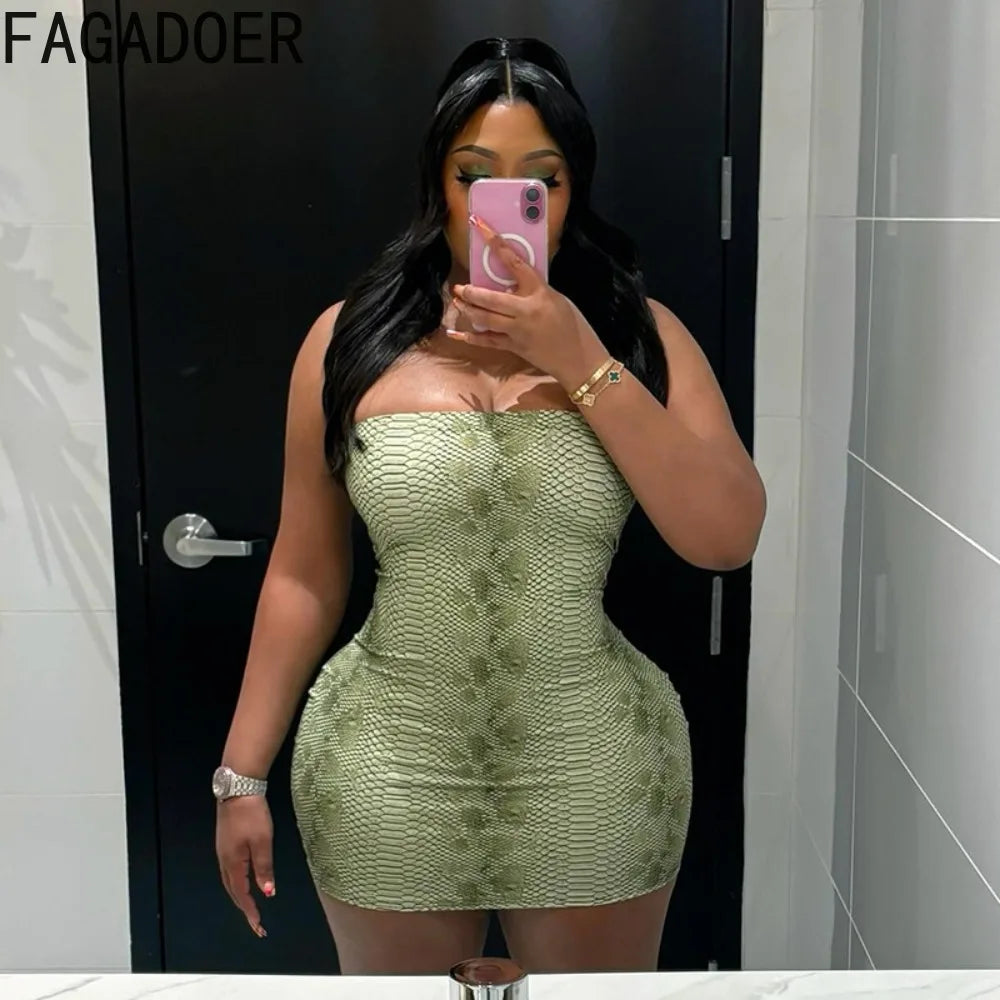 FAGADOER Sexy Serpentine Print Patchwork Bodycon Mini Dresses Woman Sleeveless Backless Dress Hot Girl Streetwear Vestidos 2026