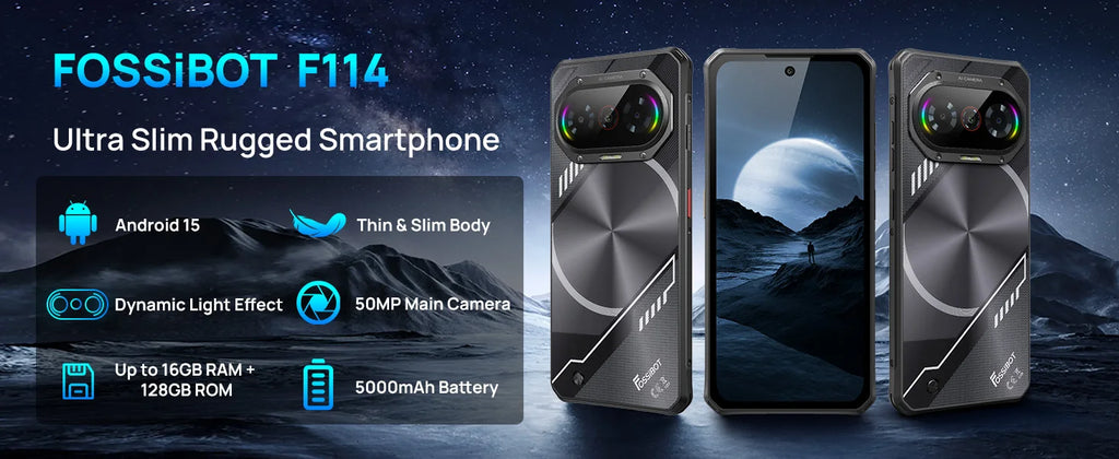 Fossibot [F114] 4G Smartphone 16GB(4+12) RAM 128GB ROM 5000mAh 18W Android 15 Unisoc T615 Ultra-thin Rugged Phone 4G 50MP