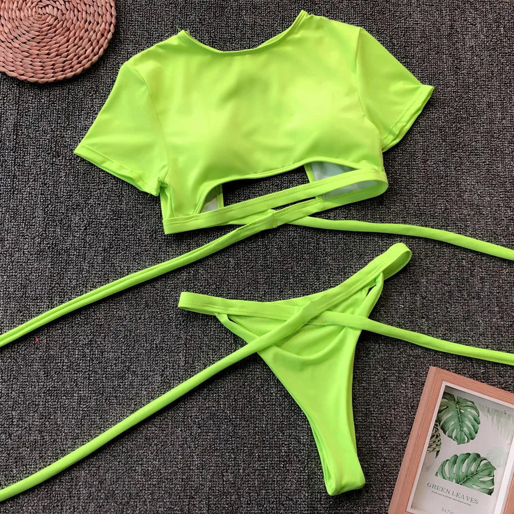 2 Pieces Bikini Women Sexy Swimwear Swimsuit Hollow Short Sleeve High Waist Solid Bikinis Set Beach Bathing Suit Banadores Mujer
