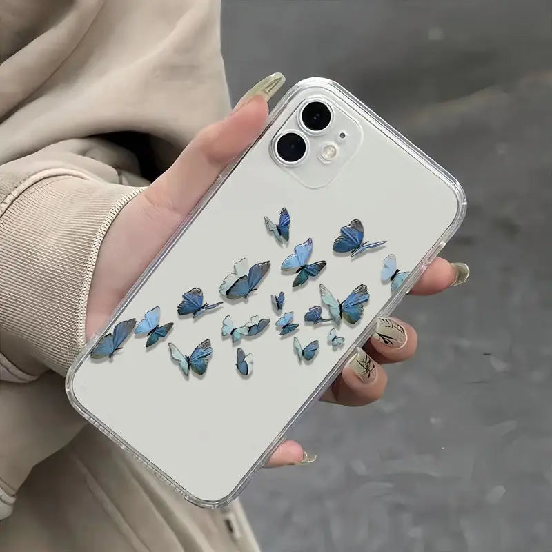 Flying Blue Butterfly Phone Case For iPhone 17 16 15 14 13 12 11 Pro Max Mini SE 7 8 Plus 16E Air Shockproof Transparent Cover