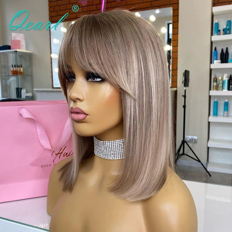 New in Short Bob Straight Human Hair Wig with Bangs Ombre Ash Blonde Brazilian Lace Front Wigs Fringe for Women Glueless Qearl
