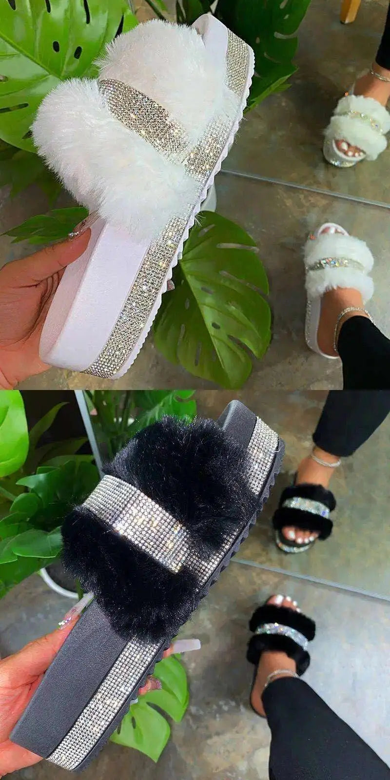 Summer 2020 Women's Flat Bot Platform Slippers Soft Sole Diamond Embellied Fur Strap Slippers Sweet Sle PVC Upper