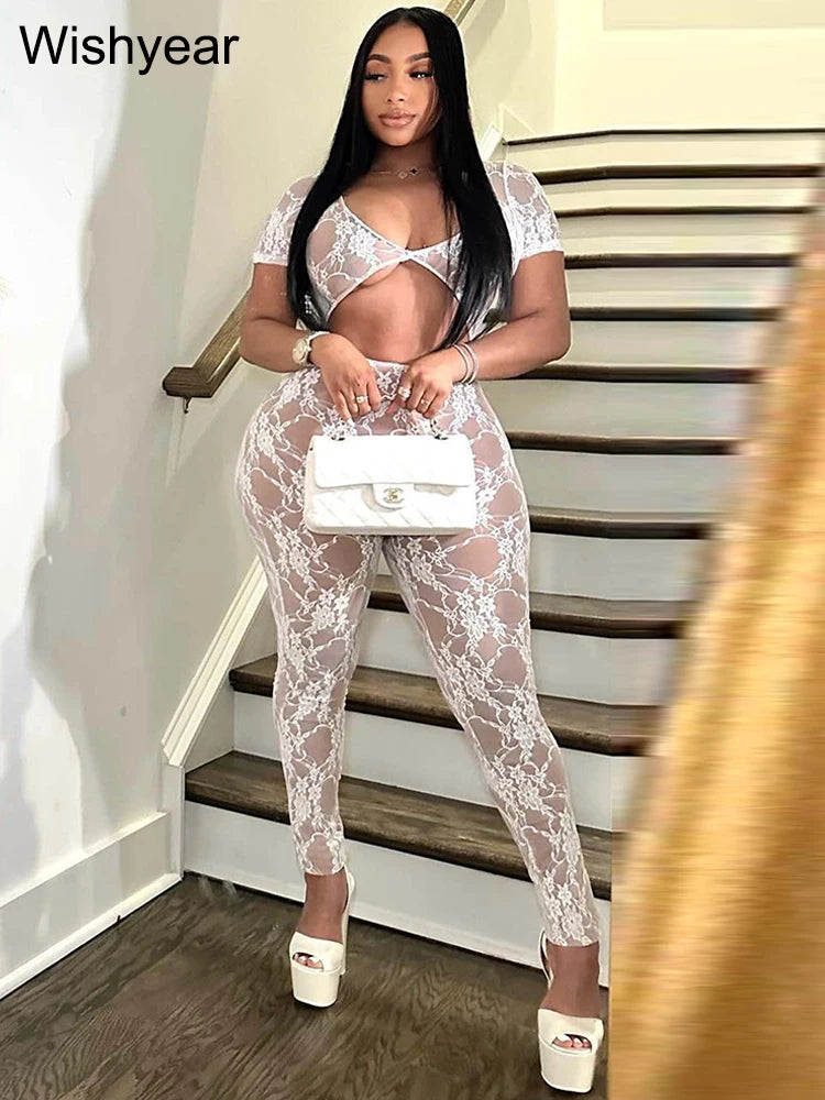 Sexy V-Neck Short Sleeve Hollow Out Night Club Party Rompers Women Hot Girl Evening Jumpsuit See Through Lace One Pieces Outfits