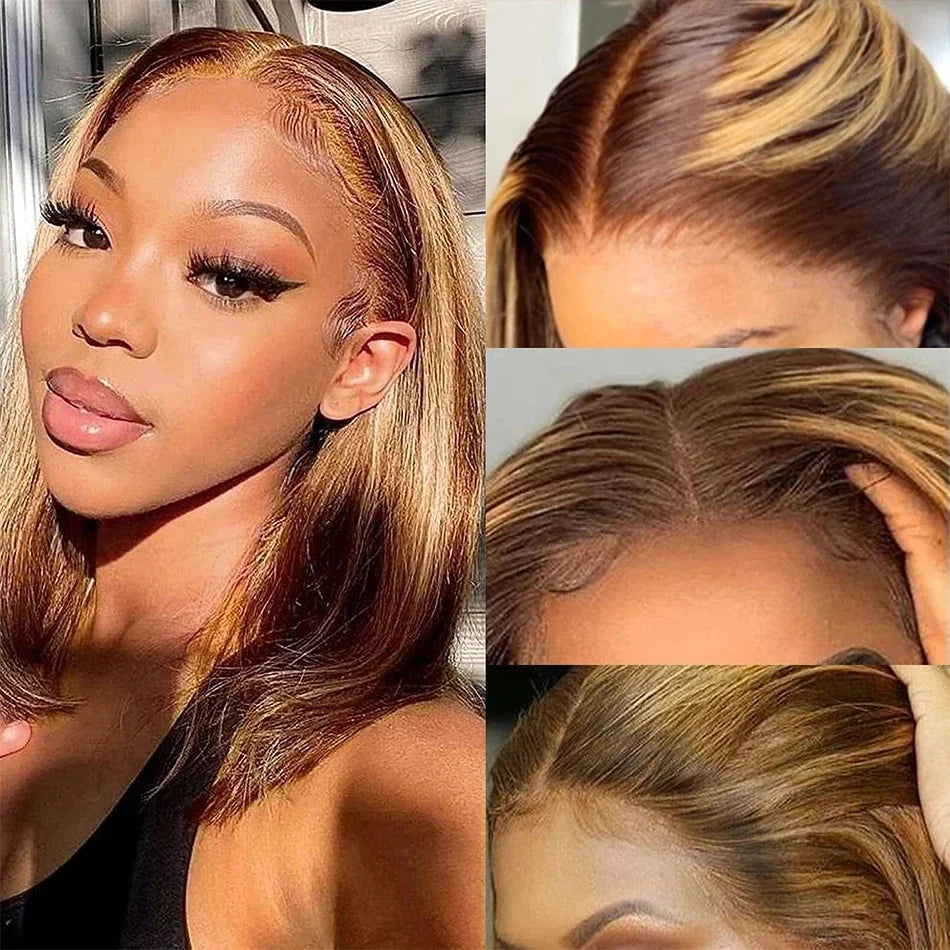 Straight Highlight Ombre Bob Wigs Human Hair 4/27 Honey Brown 13x4 Transparent Lace Front Human Hair Brazilian Wig Density200%