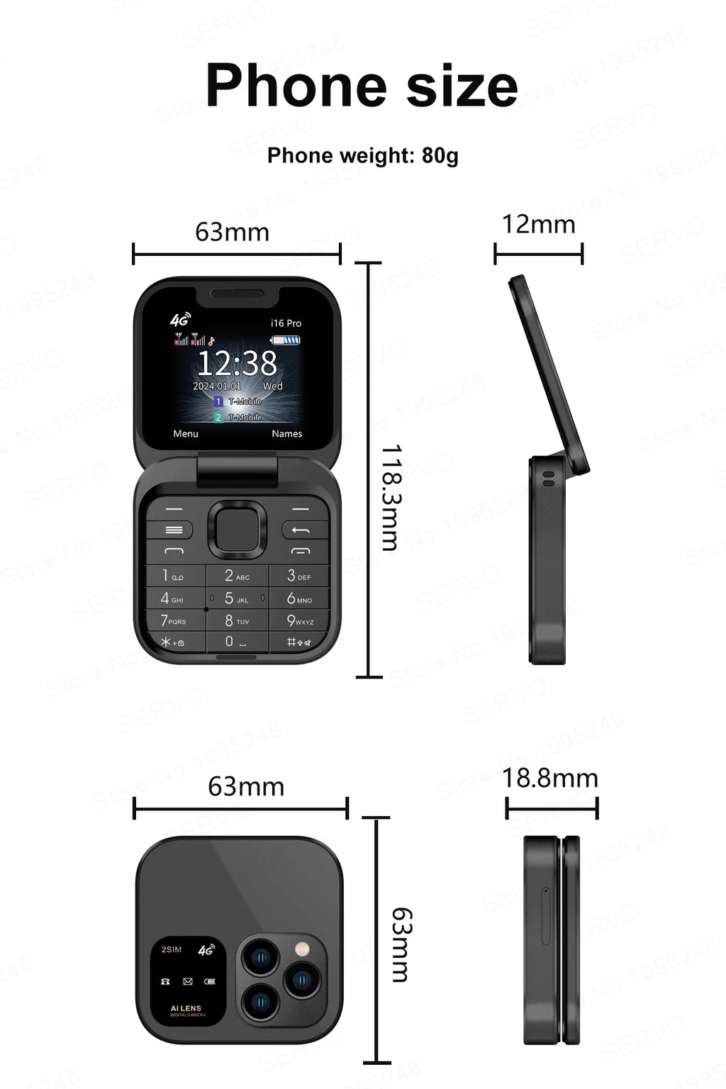 SERVO i16 Pro 4G LTE Mini Flip Mobile Phone Dual SIM Standby Call Recording Speed Dial FM Radio Blacklist Small Fold Cellphones