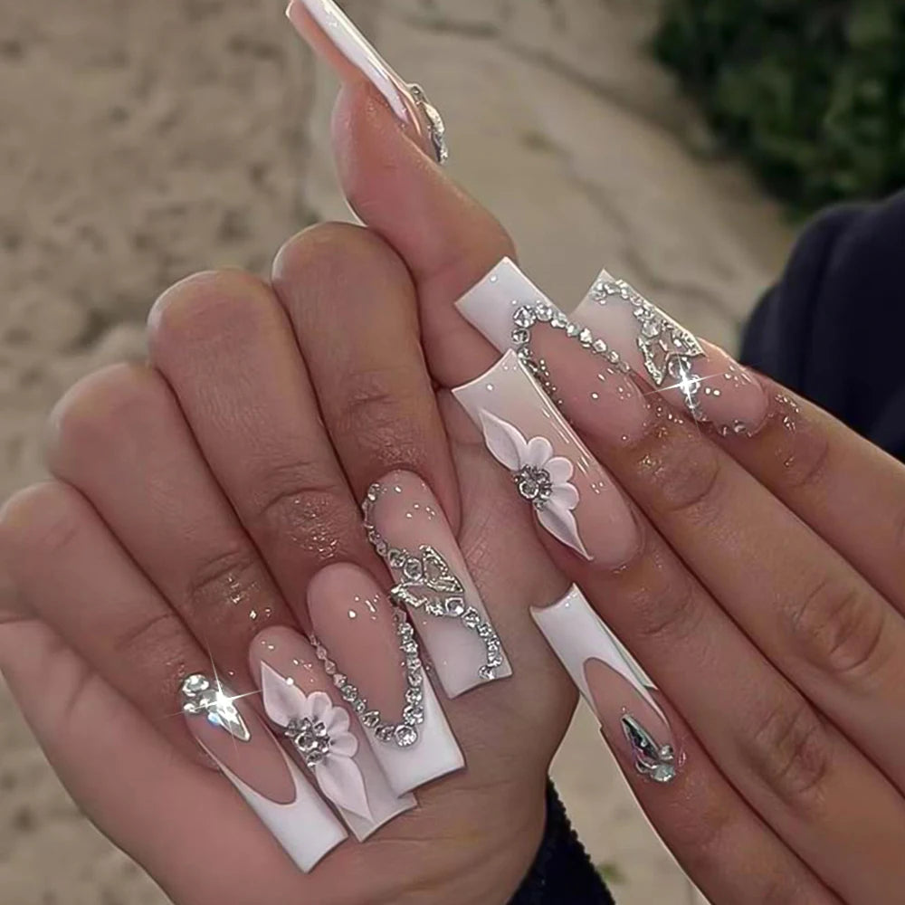 24Pcs Long Coffin French Fake Nails with 3D Butterfly Flower Rhinestones Handmade Press On Nail  Datachable Square False Nailtip