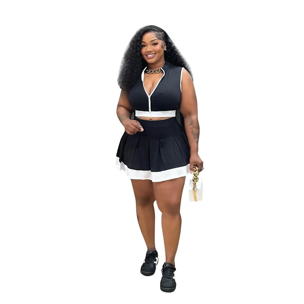 Women Two Piece Sets Shorts Skirt Set Zipper Sleeveless Sexy Tops Short Skirts A Line High Waist Y2k Streetwear Elegant Work