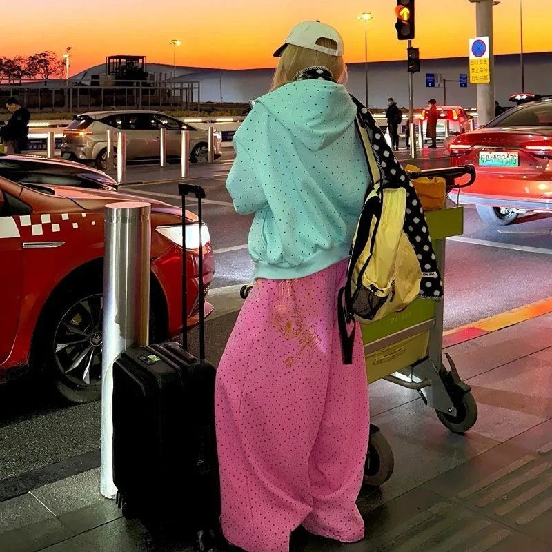 New Y2K American Jogging Elastic Waist Floor Length Pants Retro Bronzing Pink Sweatpants Polka Dotsoversized Loose Casual Pants
