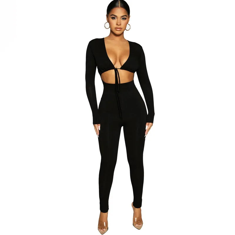 Summer Y2K Streetwear Women's Sexy Hollow Out Jumpsuits Bandage Tie Long Sleeve Bodycon Playsuits Women Clothes Gothic Rompers