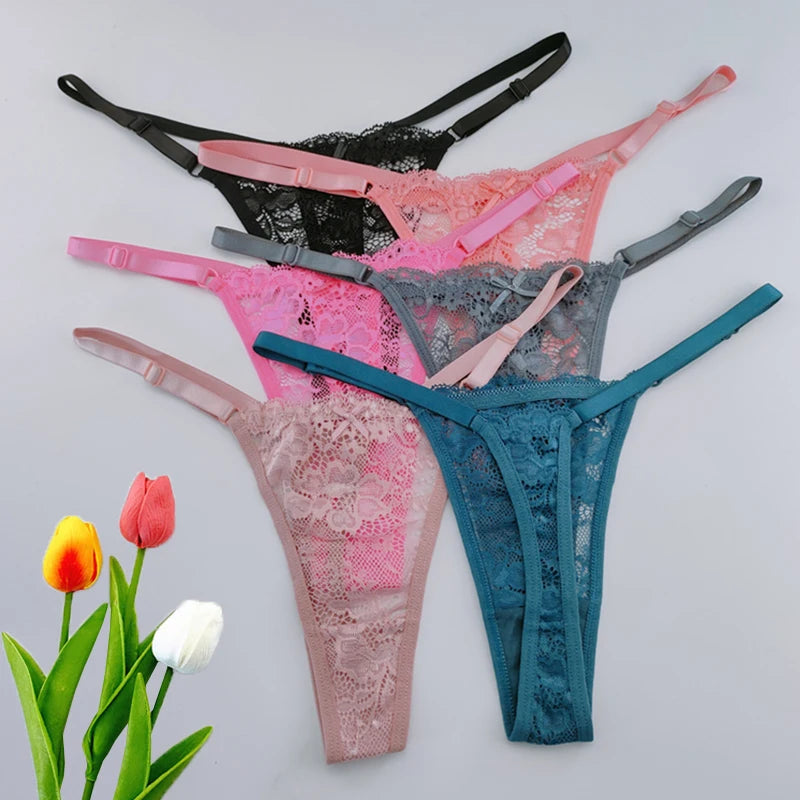 Solid Floral Lace Sexy Panties Ladies Low Waist Bow T-back Thong Adjustable Thin Belt Underwear Hollow See-through Lingerie 3PCS