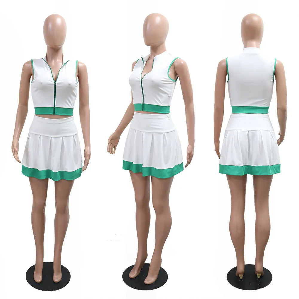 Women Two Piece Sets Shorts Skirt Set Zipper Sleeveless Sexy Tops Short Skirts A Line High Waist Y2k Streetwear Elegant Work