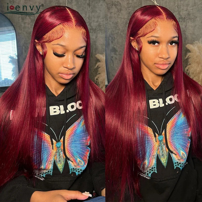 99J Red Colored Lace Front Human Hair Wigs Silky Straight 13X4 13X6 Burgundy Hd Transparent Pre Plucked Lace Frontal Wigs 180%