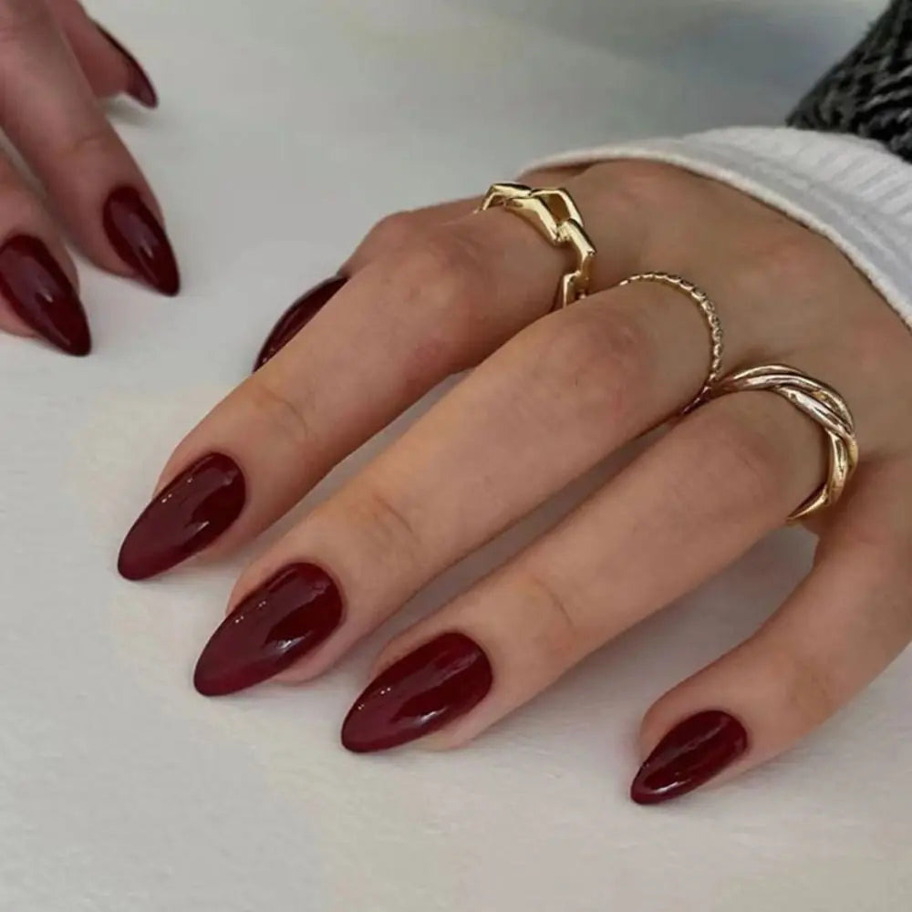24Pcs Long Almond False Nails French Cherry Red Color Fake Nials Press on Nails Fake Nails DIY Manicure Detachable Nail Tips