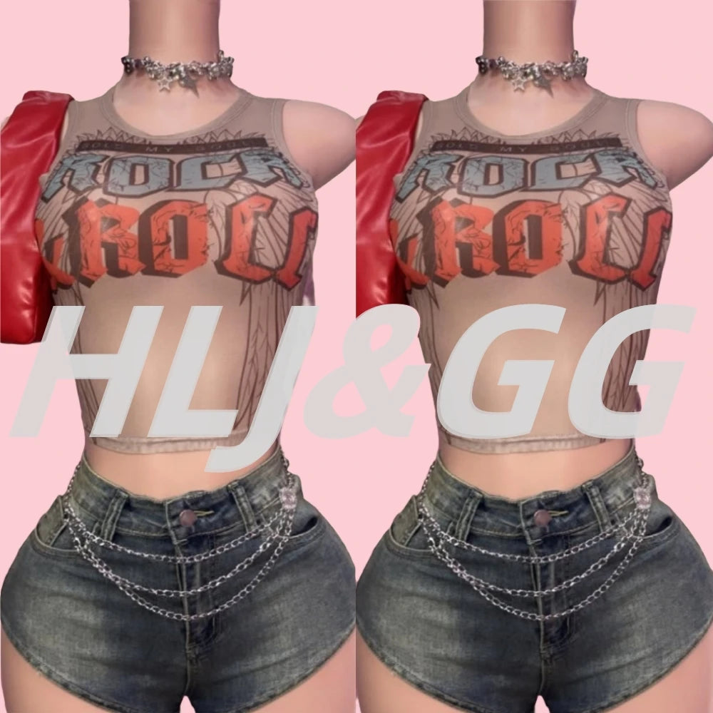 HLJ&GG Y2K Fashion Mesh Letter Printing Tank Top 3 Piece Sets Women Sleeveless Slim Vest And Denim Shorts Outfit With Chain 2025