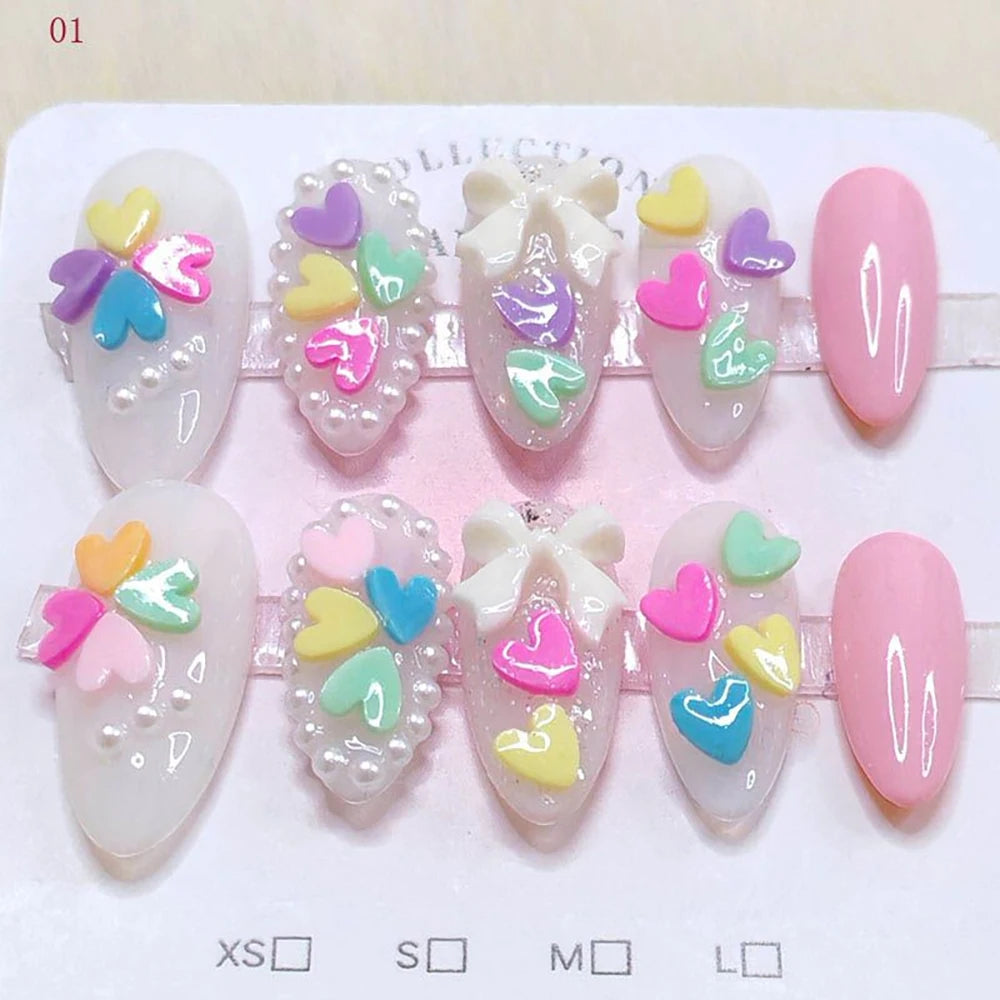 10Pcs Sweet Lovely Handmade Long Coffin Wearable Fake Nail Kawaii Girlish Heart Cartoon Pink Pearl Bow Diamond False Nail Gift