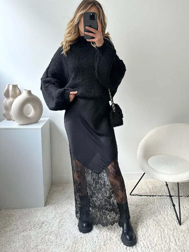 Black Lace Patchwork Mini Skirt Women Fashion Solid Sexy Mid-length Skirts Lady Elegant 2025 Party Daily Party Slim Fit Gowns