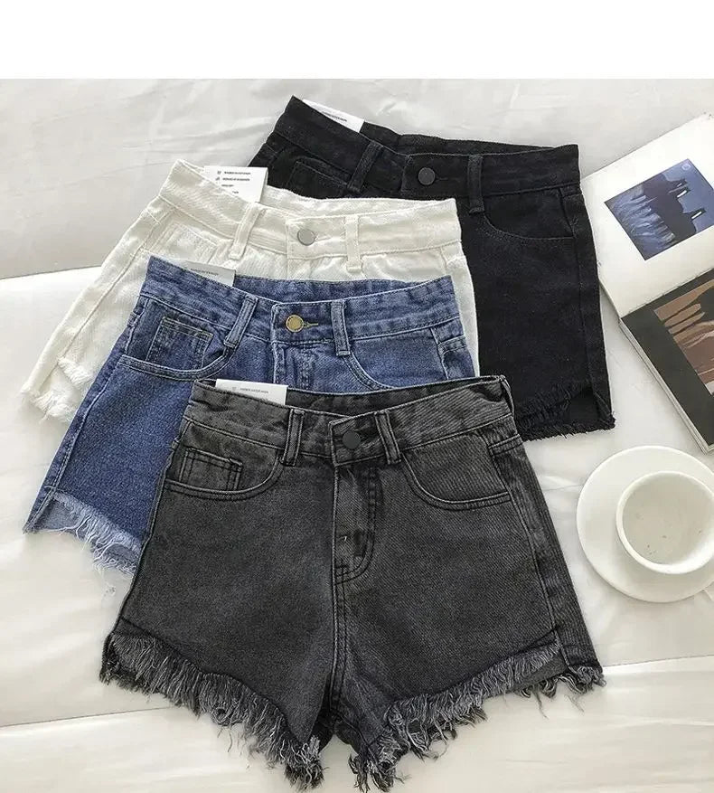 2026 New Summer Women High Wiast Raw Hem Denim Shorts Soild White Black Blue Korean Wide Leg Pants Mon Shorts  Jean Shorts