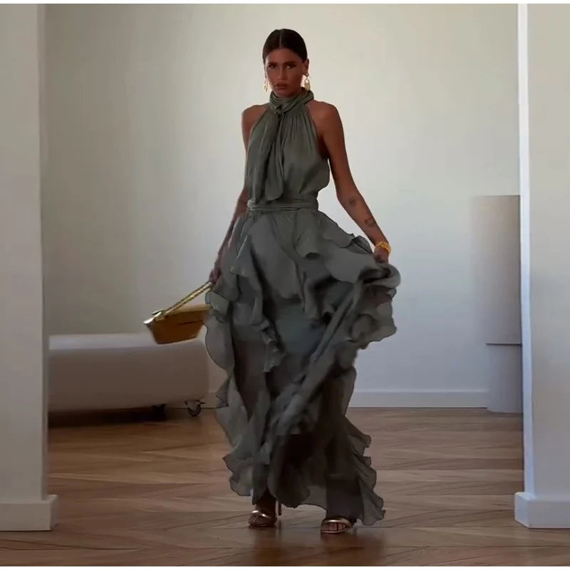Fashion Halter Ruffle Long Dress Women Chiffon Sleeveless Ruffled Tiered Waist Cinching Party Dresses Lady Holiday Y2K Chic Robe