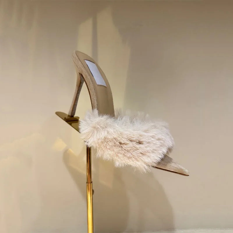 Women's Fox Fur High-Heeled Slippers Stiletto Heel Mules Open Toe Slip On Sandals Suede Upper Party Clubwear Elegant Sandals