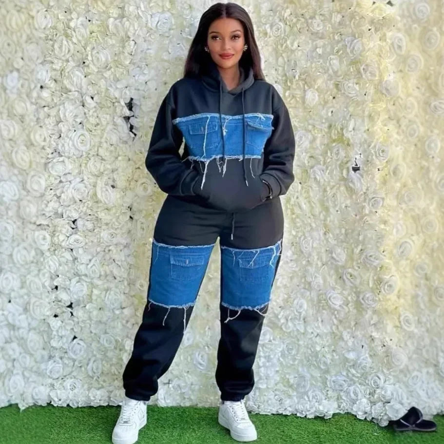 Pants Set Women Two Piece Sets Hooded Matching Sets Sweatshirts Long Pants High Waist Denim Splice Y2k Casual Jogger 2025
