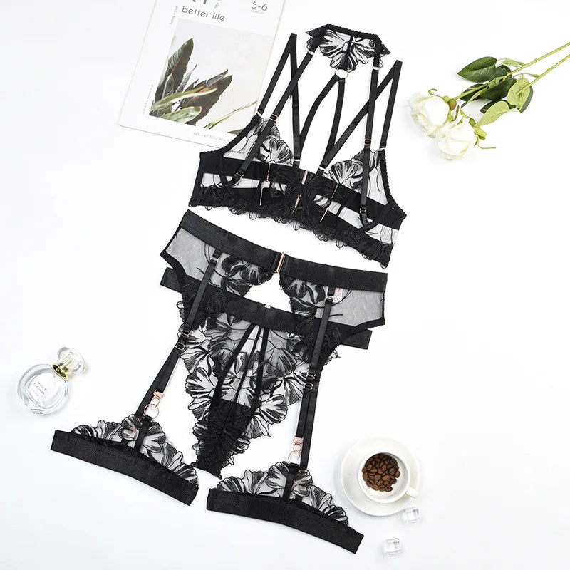 Diccvicc Sensual Lingerie Floral Lace Halter Bra Fancy Garter Set See Through Women Sexy Underwear Fine Exotic Intimate Outfits