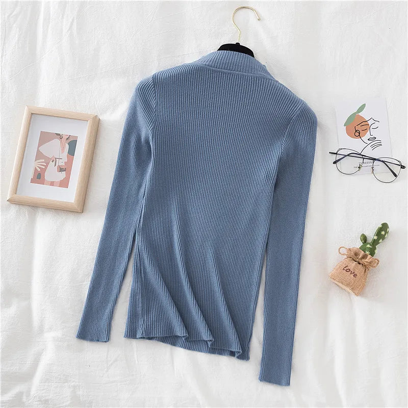 Autumn Winter Women Pullover Sweater Fashion Half Turtleneck Knitted Female Jumper Long Sleeve Winter Soft Elastic Tops