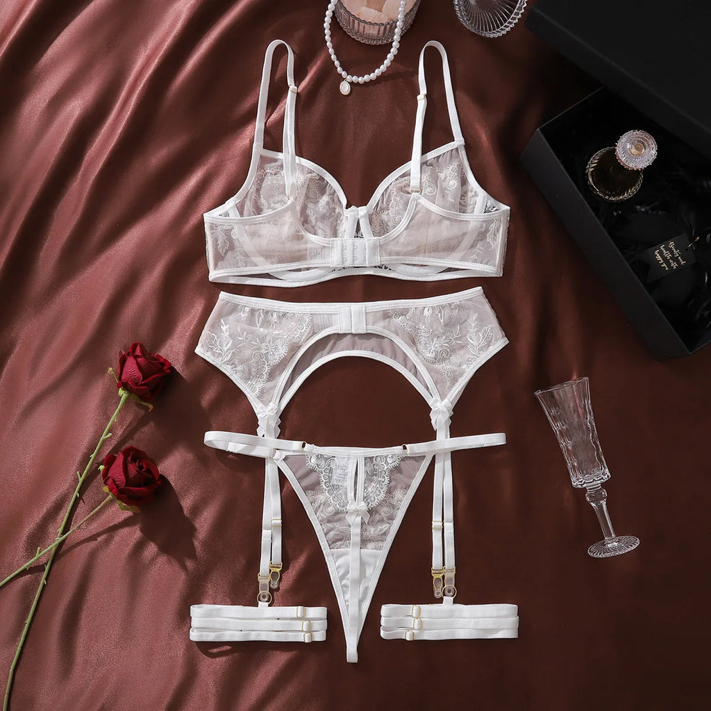 Diccvicc Floral Embroidery Lingerie See Through Lace Garter Underwear Woman Complete Set Extreme Sexy Intimate Kit Erotic Outfit
